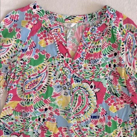 Crown & Ivy | Multicolor Crochet Lace Inset V-Neck Boho Peasant Blouse (M) - Picture 5 of 15